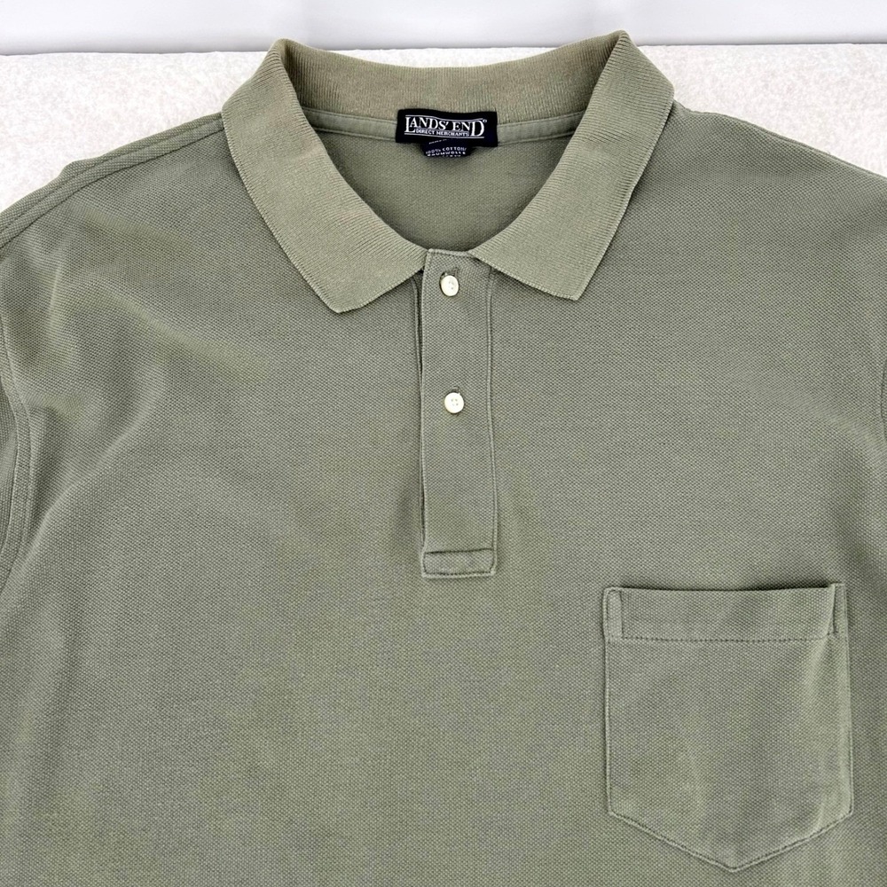Lands End Mens Polo Shirt 2XL Green Short Sleeve Pique Pocket Preppy Classic